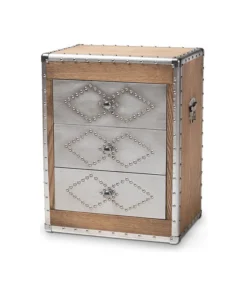 Wholesale Interiors Audric French Industrial Brown Wood And Silver Metal 3-Drawer Storage Cabinet