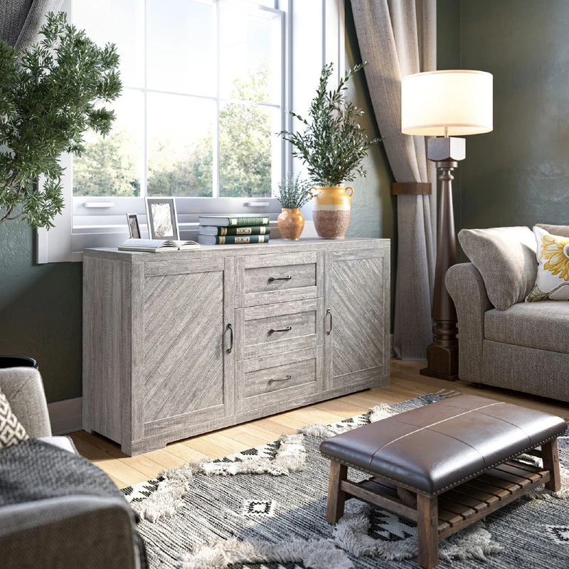 Belleze Sideboard, Console Table Or Buffet With Three Drawers & Four Shelves, Gray Wash 3 Belleze Sideboard, Console Table Or Buffet With Three Drawers & Four Shelves, Gray Wash - Image 3
