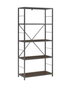 Walker Edison 60" Rustic Metal And Wood Media Bookshelf, Dark Walnut