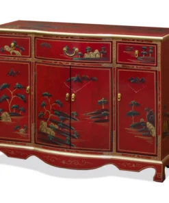 China Furniture And Arts Red Lacquer Chinoiserie Scenery Motif Oriental Hall Cabinet