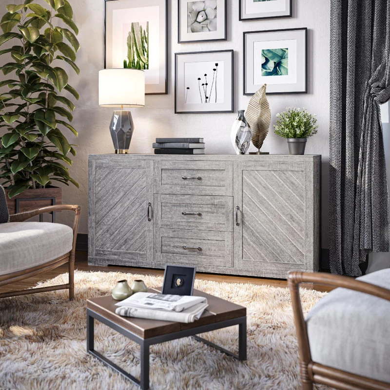 Belleze Sideboard, Console Table Or Buffet With Three Drawers & Four Shelves, Gray Wash 2 Belleze Sideboard, Console Table Or Buffet With Three Drawers & Four Shelves, Gray Wash - Image 2
