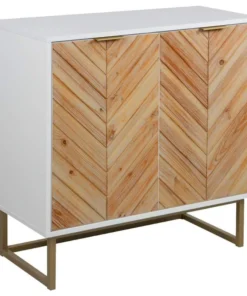 Decorn Modern Storage Cabinet, Doors With Herringbone Pattern & Inner Shelf, White/Gold
