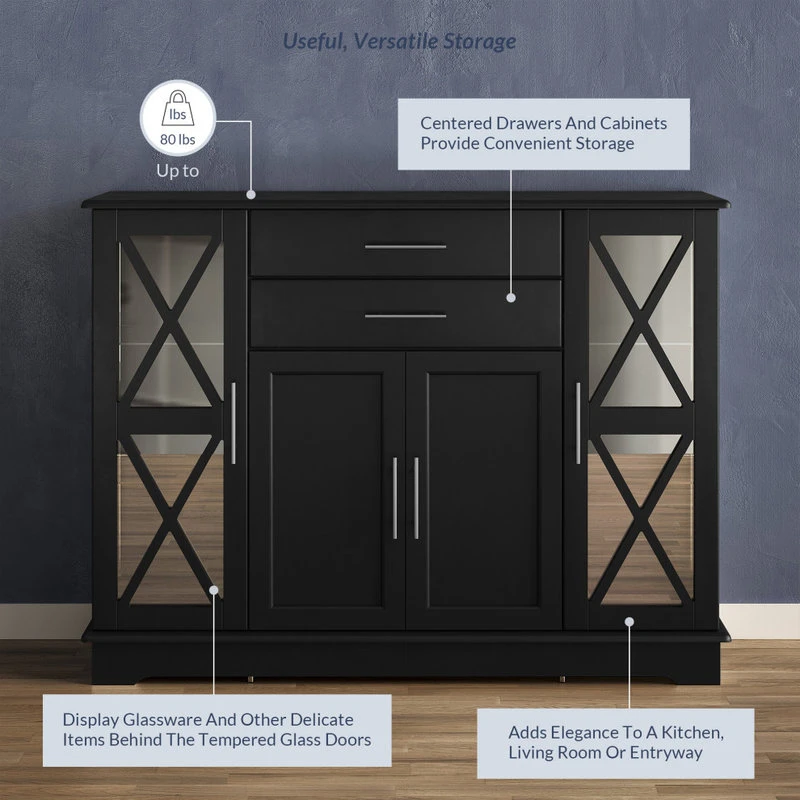 Belleze Ryland 47" Wood Storage Sideboard Buffet Cabinet Console Table, Black 5 Belleze Ryland 47" Wood Storage Sideboard Buffet Cabinet Console Table, Black - Image 5