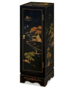 China Furniture And Arts Black Lacquer Chinoiserie Chinese Pedestal Cabinet