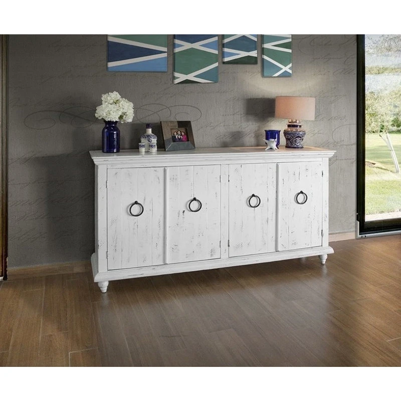 Crafters And Weavers Macao Rustic Modern Solid Wood 4-Door Sideboard, White 2 Crafters And Weavers Macao Rustic Modern Solid Wood 4-Door Sideboard, White - Image 2