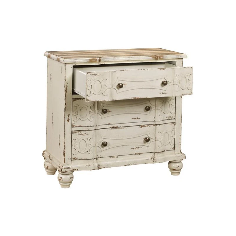 Home Fare HomeFare Ornate Overlay Three-Drawer Wood Chest In Weathered Yellow 3 Home Fare HomeFare Ornate Overlay Three-Drawer Wood Chest In Weathered Yellow - Image 3