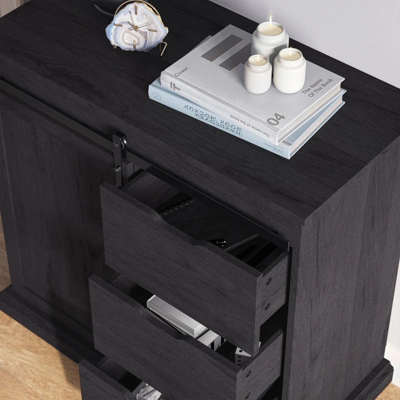 Belleze Buffet Table With Sliding Barn Door, Three Drawers & Two Shelves, Rustic Gray 5 Belleze Buffet Table With Sliding Barn Door, Three Drawers & Two Shelves, Rustic Gray - Image 5