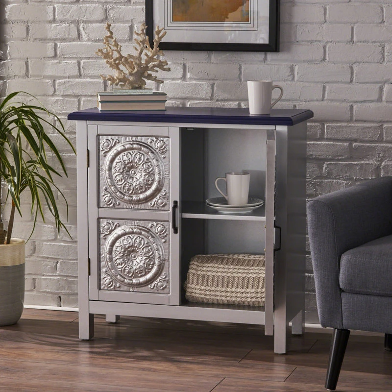 GDFStudio GDF Studio Aliana Shabby Painted Accent Cabinet, Silver/Navy Blue 2 GDFStudio GDF Studio Aliana Shabby Painted Accent Cabinet, Silver/Navy Blue - Image 2