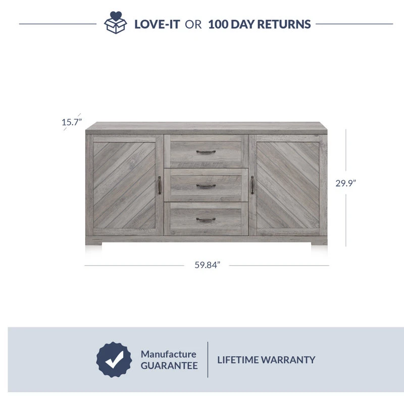 Belleze Sideboard, Console Table Or Buffet With Three Drawers & Four Shelves, Gray Wash 6 Belleze Sideboard, Console Table Or Buffet With Three Drawers & Four Shelves, Gray Wash - Image 6