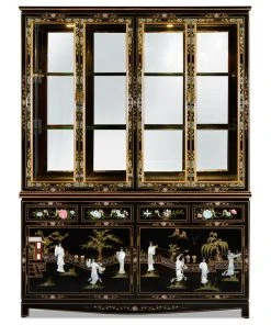 China Furniture And Arts 60" Black Lacquer Pearl Figure Motif China Cabinet