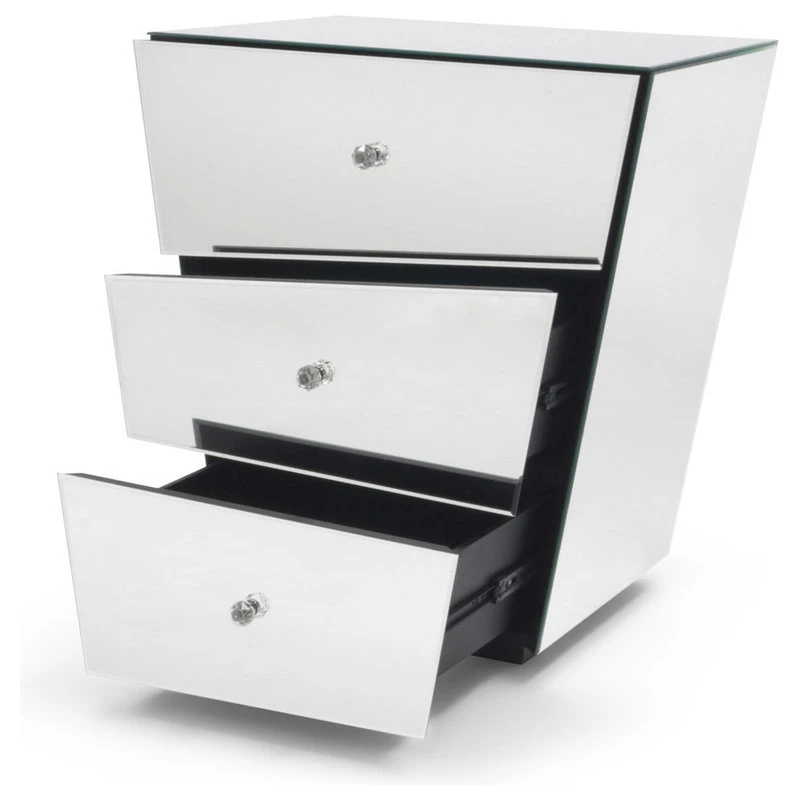 Zuri Furniture Modern Vailan Side Table Clear Mirrored Glass Finish 3 Drawers Clear Pulls 3 Zuri Furniture Modern Vailan Side Table Clear Mirrored Glass Finish 3 Drawers Clear Pulls - Image 3