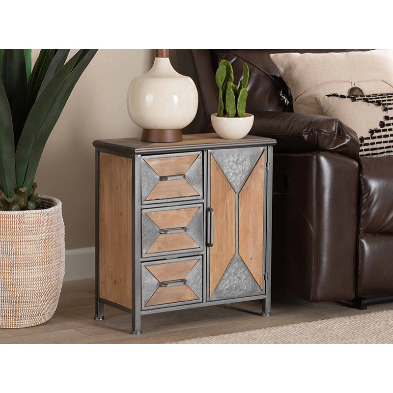Baxton Studio Rossamon Modern Farmhouse Metal And Wood 3-Drawer Accent Cabinet 2 Baxton Studio Rossamon Modern Farmhouse Metal And Wood 3-Drawer Accent Cabinet - Image 2