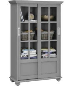 A Design Studio Ashton Oaks Bookcase With Sliding Glass Doors, Soft Gray