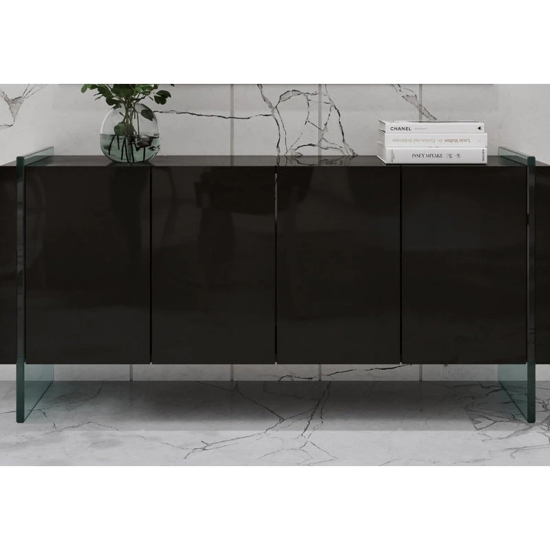 Zuri Furniture Modern Art Buffet Black Lacquer Cabinets Tempered Glass Base 2 Zuri Furniture Modern Art Buffet Black Lacquer Cabinets Tempered Glass Base - Image 2