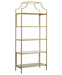 Pemberly Row Modern 5 Shelf Metal Bookcase In Satin Gold Finish