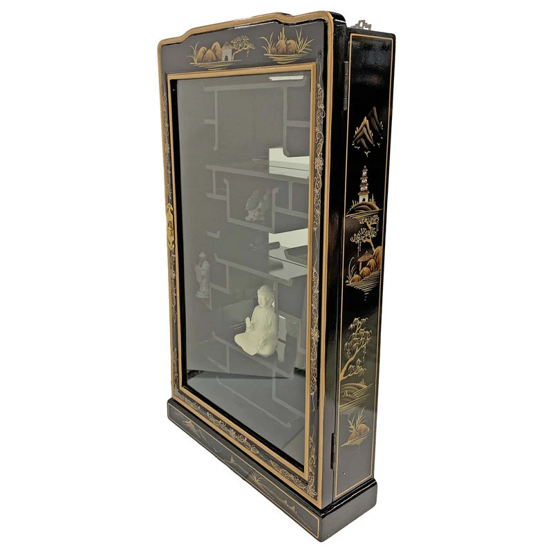 Oriental Furnishings 33"H Black Lacquer Oriental Wall Curio For Netsuke Hand Painted Landscape 3 Oriental Furnishings 33"H Black Lacquer Oriental Wall Curio For Netsuke Hand Painted Landscape - Image 3