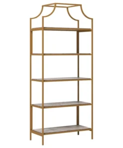 Sauder International Lux 5-Shelf Metal Frame Bookcase Gold Satin/Faux Deco Stone