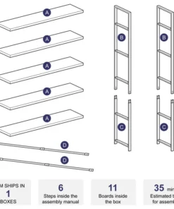 Belleze Industrial Bookcase Open Etagere Book Shelf Metal/Wood, Gray Wash, 5 Shelves -Palace-shop 80f1a8160f116e24 2998 w800 h800 b1 p0