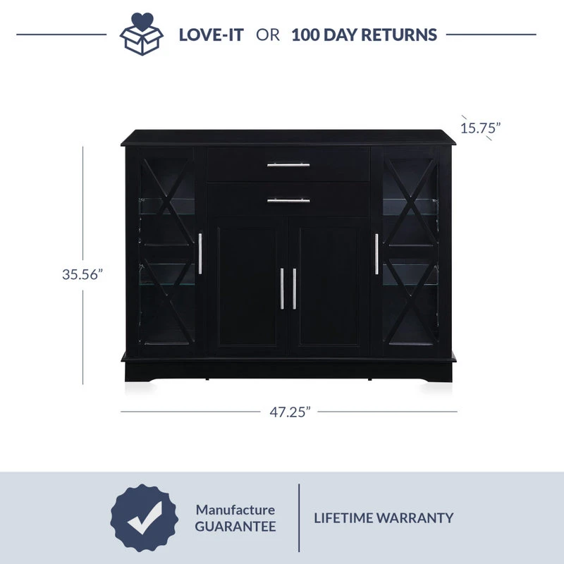 Belleze Ryland 47" Wood Storage Sideboard Buffet Cabinet Console Table, Black 6 Belleze Ryland 47" Wood Storage Sideboard Buffet Cabinet Console Table, Black - Image 6