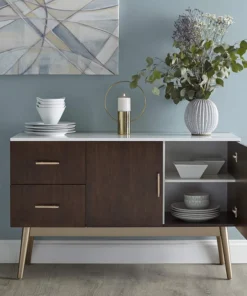 Decorn Mid Century Sideboard, Elegant Gold Finished Base With Walnut Cabinets & Drawers -Palace-shop a4218d70014564b8 2366 w800 h800 b0 p0