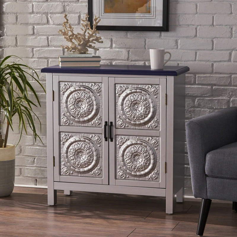 GDFStudio GDF Studio Aliana Shabby Painted Accent Cabinet, Silver/Navy Blue 3 GDFStudio GDF Studio Aliana Shabby Painted Accent Cabinet, Silver/Navy Blue - Image 3