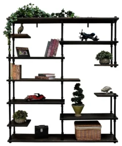 Furniture Pipeline Nashville Industrial Mid-Century Etagere Bookcase,Black Metals & Espresso Wood