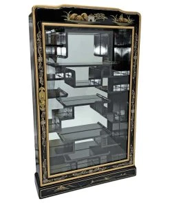 Oriental Furnishings 33"H Black Lacquer Oriental Wall Curio For Netsuke Hand Painted Landscape