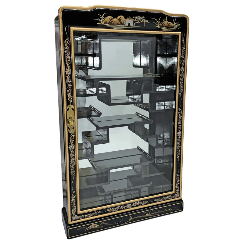 Oriental Furnishings 33"H Black Lacquer Oriental Wall Curio For Netsuke Hand Painted Landscape 1 Oriental Furnishings 33"H Black Lacquer Oriental Wall Curio For Netsuke Hand Painted Landscape