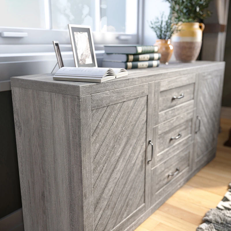 Belleze Sideboard, Console Table Or Buffet With Three Drawers & Four Shelves, Gray Wash 4 Belleze Sideboard, Console Table Or Buffet With Three Drawers & Four Shelves, Gray Wash - Image 4