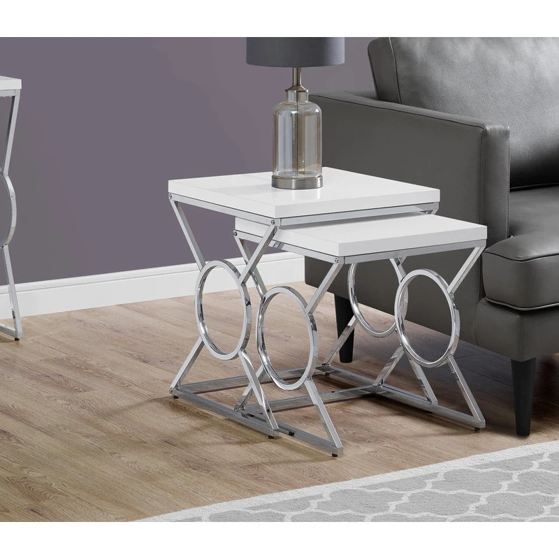 Monarch Specialties Nesting Table, Set Of 2, Side, End, Accent, Bedroom, Metal, Glossy White 2 Monarch Specialties Nesting Table, Set Of 2, Side, End, Accent, Bedroom, Metal, Glossy White - Image 2