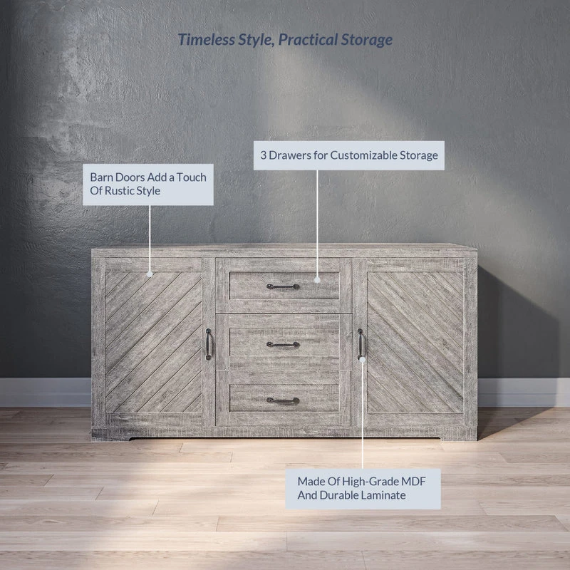 Belleze Sideboard, Console Table Or Buffet With Three Drawers & Four Shelves, Gray Wash 5 Belleze Sideboard, Console Table Or Buffet With Three Drawers & Four Shelves, Gray Wash - Image 5