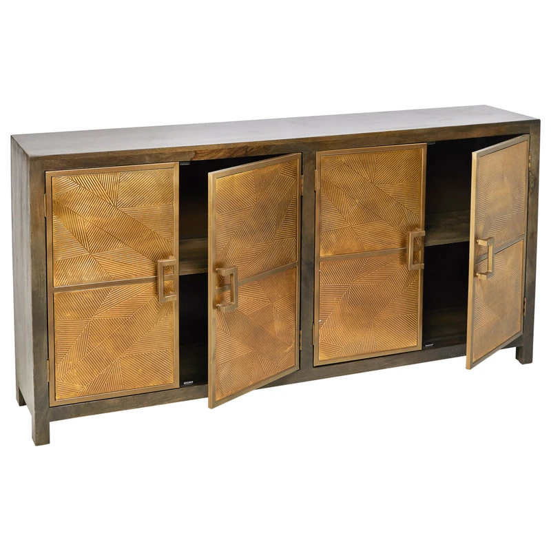 Sideboards And Things India 80" Slim Geometric Pattern 4 Brass Doors Wood Base Sideboard Buffet Greece 4 Sideboards And Things India 80" Slim Geometric Pattern 4 Brass Doors Wood Base Sideboard Buffet Greece - Image 4