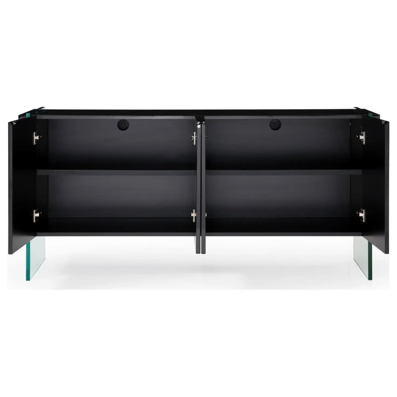 Zuri Furniture Modern Art Buffet Black Lacquer Cabinets Tempered Glass Base 4 Zuri Furniture Modern Art Buffet Black Lacquer Cabinets Tempered Glass Base - Image 4