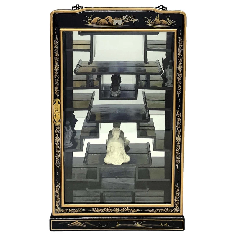 Oriental Furnishings 33"H Black Lacquer Oriental Wall Curio For Netsuke Hand Painted Landscape 2 Oriental Furnishings 33"H Black Lacquer Oriental Wall Curio For Netsuke Hand Painted Landscape - Image 2