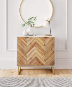 Decorn Modern Storage Cabinet, Doors With Herringbone Pattern & Inner Shelf, White/Gold -Palace-shop e5f170860154e9f8 2382 w800 h800 b0 p0