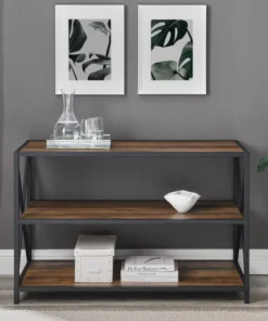 Walker Edison 40" X-Frame Metal And Wood Media Bookshelf, Rustic Oak