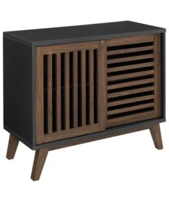 Walker Edison 36" Sliding Slat Door Storage Accent Cabinet, Black / Dark Walnut
