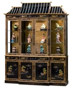 China Furniture And Arts 72in Black Lacquer Chinoiserie Pagoda Oriental China Cabinet