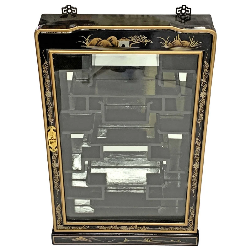 Oriental Furnishings 33"H Black Lacquer Oriental Wall Curio For Netsuke Hand Painted Landscape 4 Oriental Furnishings 33"H Black Lacquer Oriental Wall Curio For Netsuke Hand Painted Landscape - Image 4