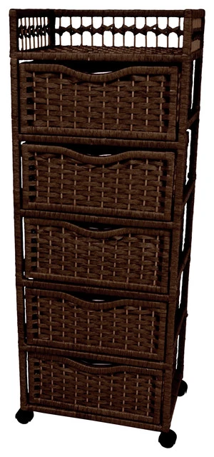 Oriental Furniture 46" Natural Fiber Chest Of Drawers On Wheels, Mocha 1 Oriental Furniture 46" Natural Fiber Chest Of Drawers On Wheels, Mocha